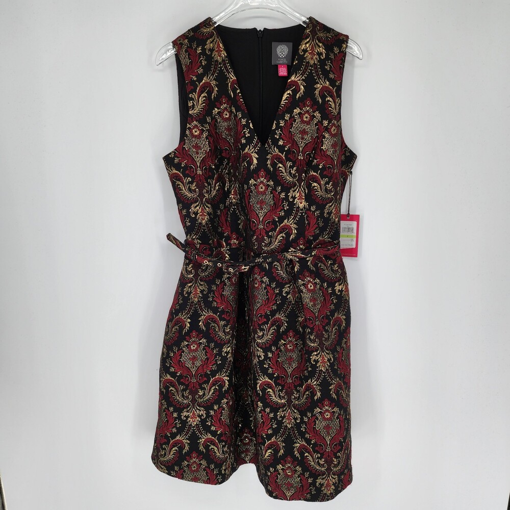 Vince Camuto Brocade Dress Size 4 Black Red Gold Sleeveless V-Neck
